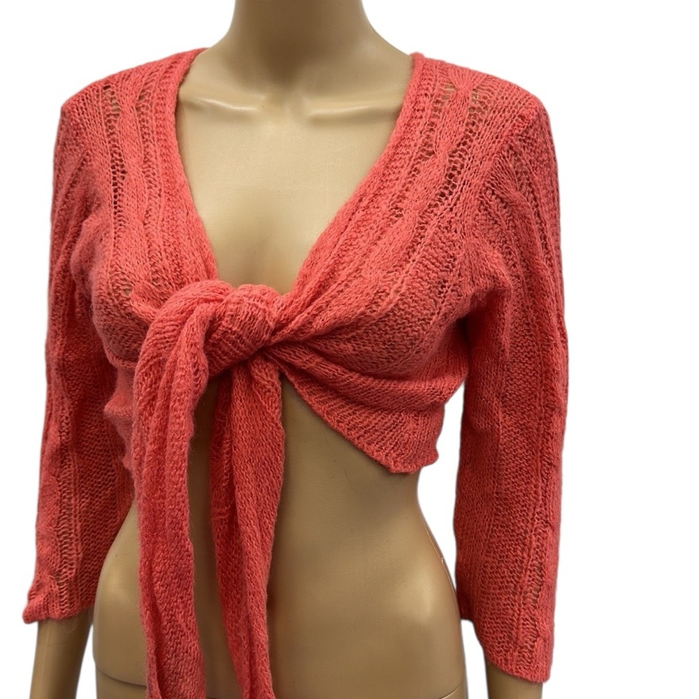 Soft Surrounding Wool Mohair Blend Coral Wrap Tie Waist Open Knit Cardigan Large